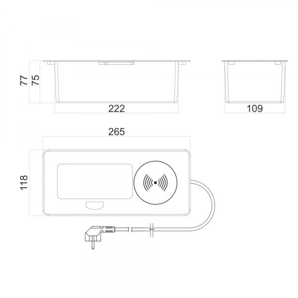 Розетка выдвижная горизонтальная Complex, EU 250В, USB-A+USB-C 5В, беспроводная зарядка 15Вт, черная